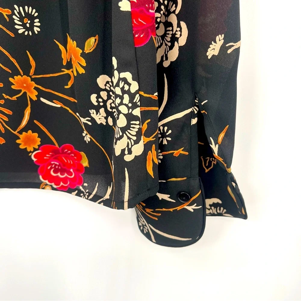 Pendleton Korean Fabric Chinese Asian Floral Black Blouse Top Shirt Size 10 - Picture 10 of 11